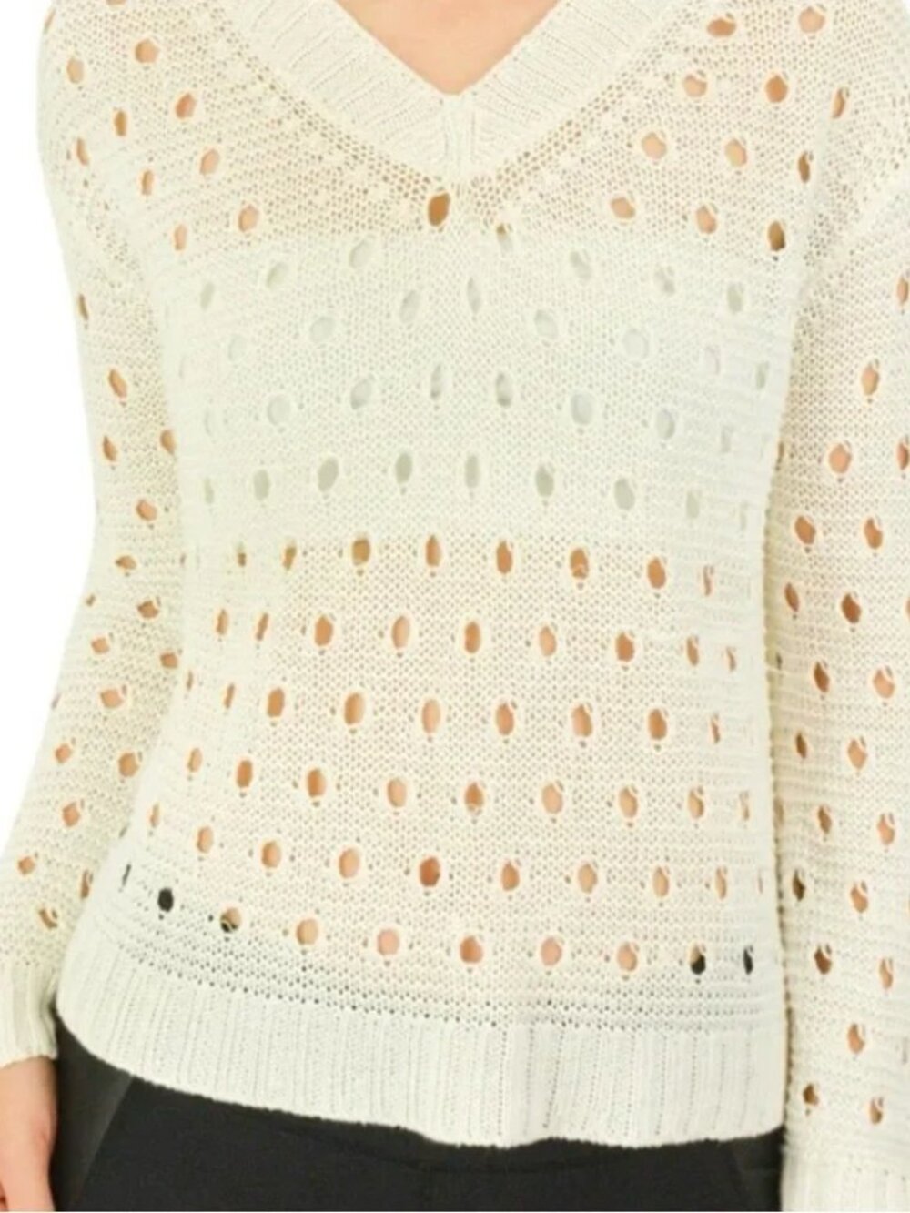 NHBT White Circle Open Knit 100% Linen V-Neck Sweater Size M